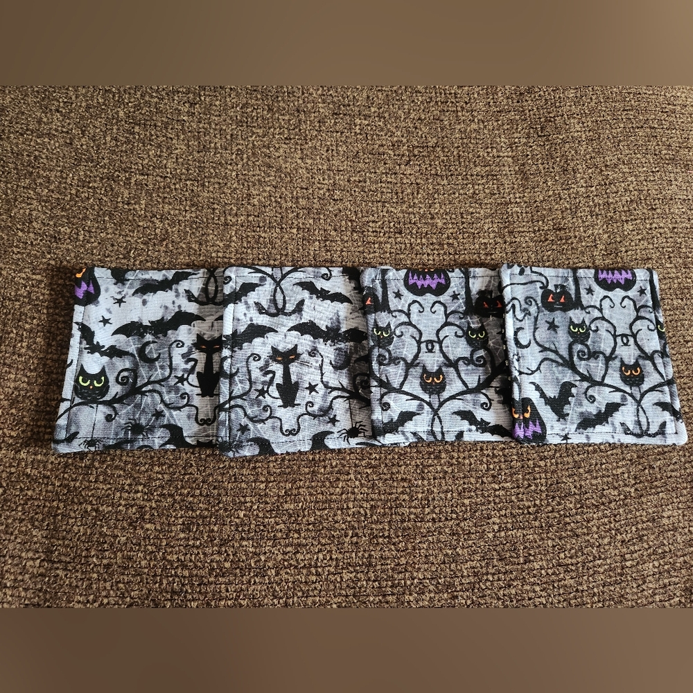 Halloween Coasters Set Of 4 Bats Owls Black Cats Grey Black New